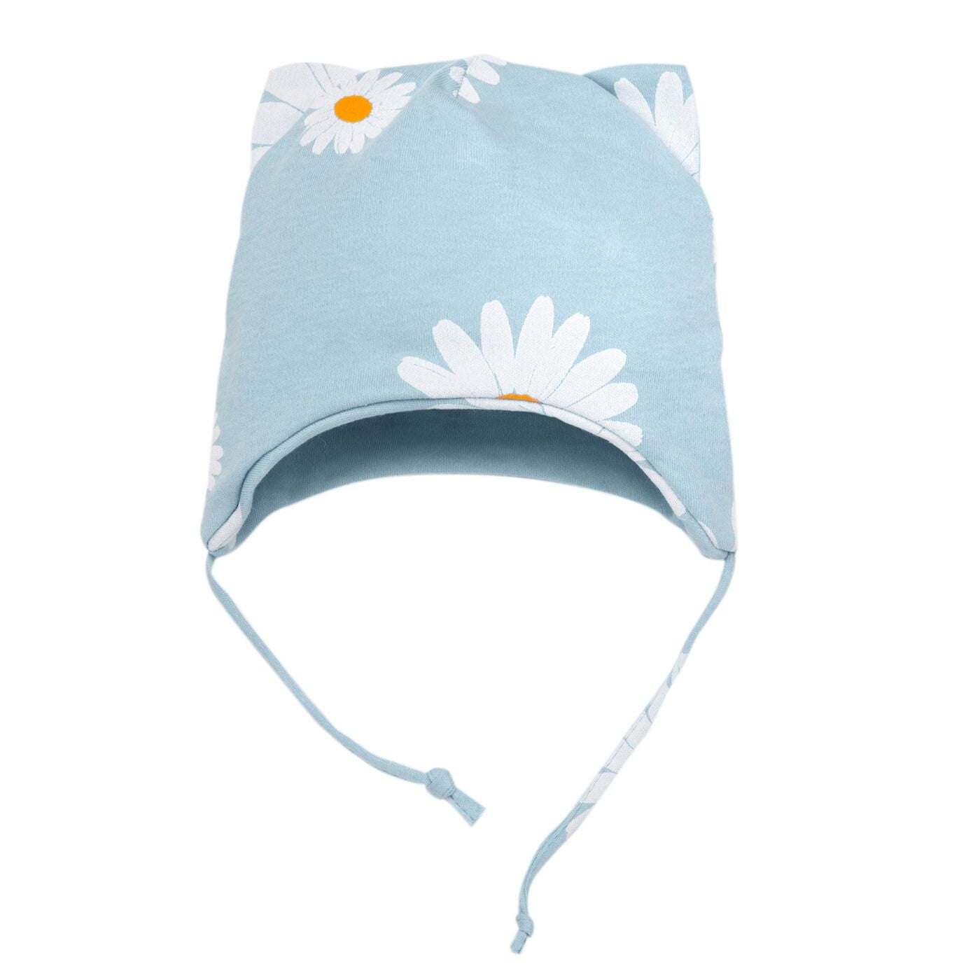 Czapka wiązana, niemowlęca niebieska w stokrotki DAISY