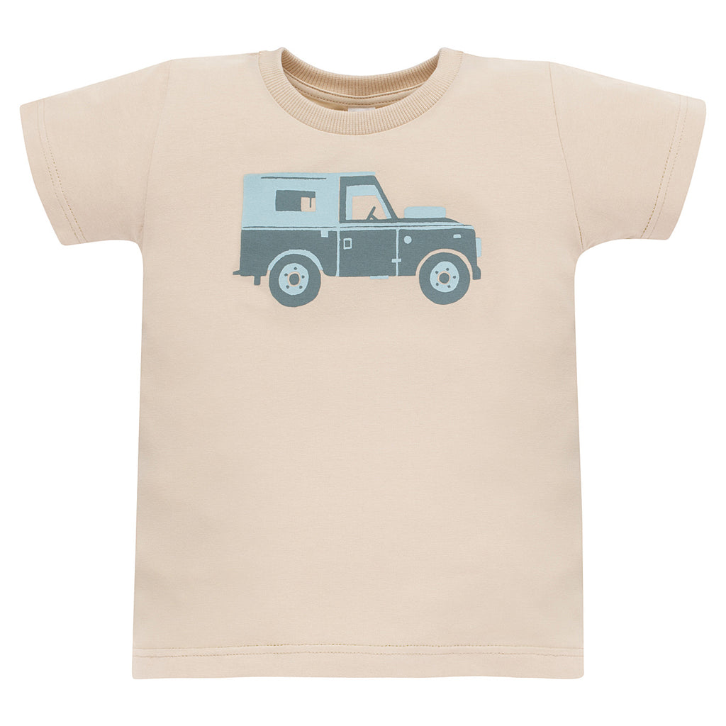 T-shirt beżowy z samochodem Safari